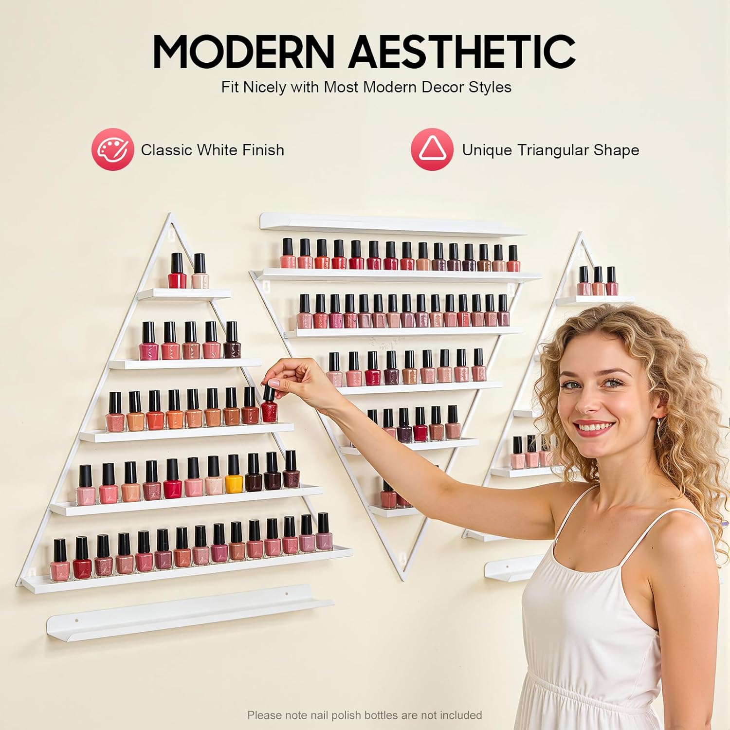 Elegant Gold Wall Mounted Nail Polish Rack - Set of 6 Triangular Cosmetic Display Shelves for Essential Oil Bottles, Organize Your Lipsticks and Perfumes in Style at Home or Salon (White)