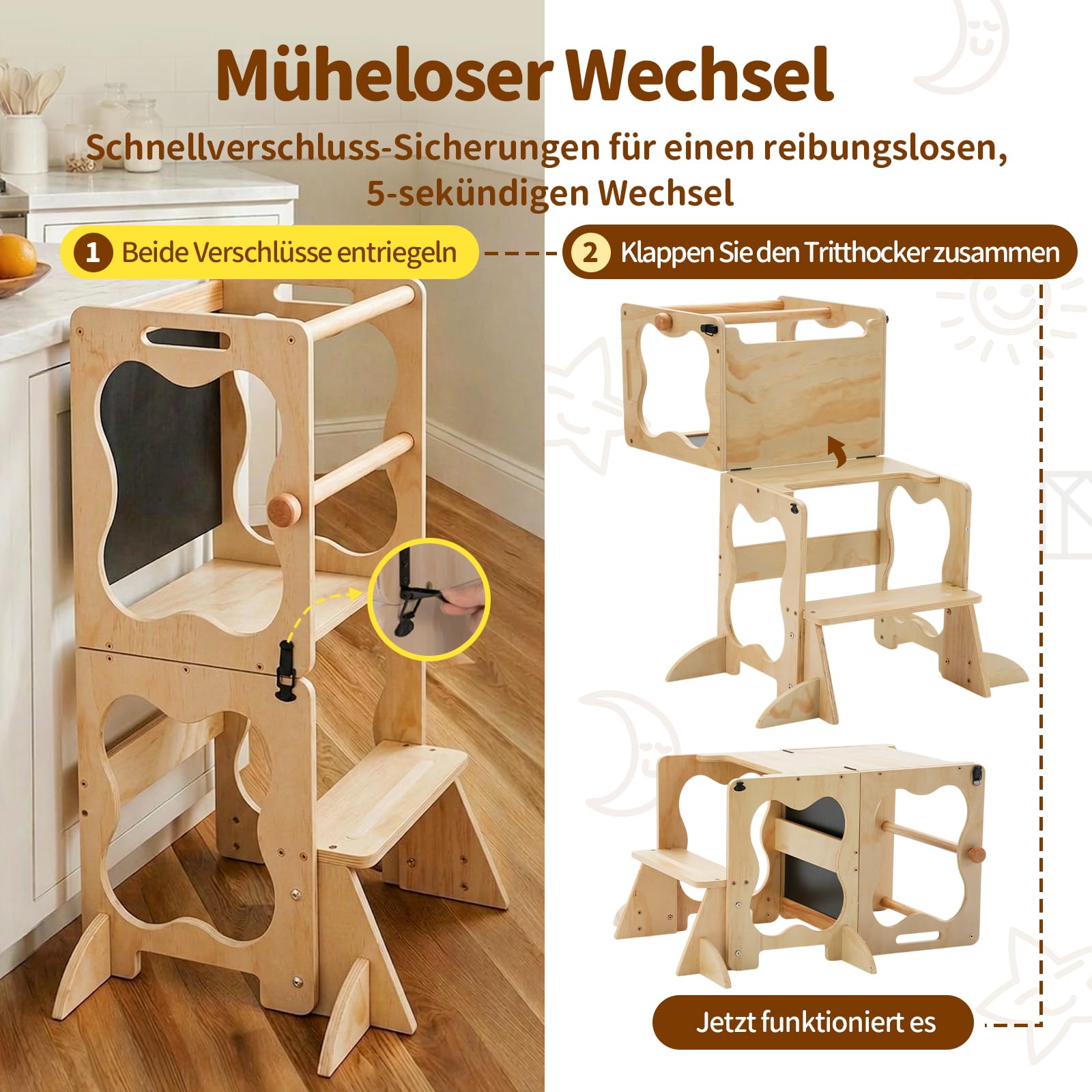 COSYLAND Lernturm Kinder 3in1 Küchenhelfer mit Tafel & Geländer Natur | wandelbar zu Tisch & Stuhl, ideal für Küche, Spielen und Lernen, stabil und sicher