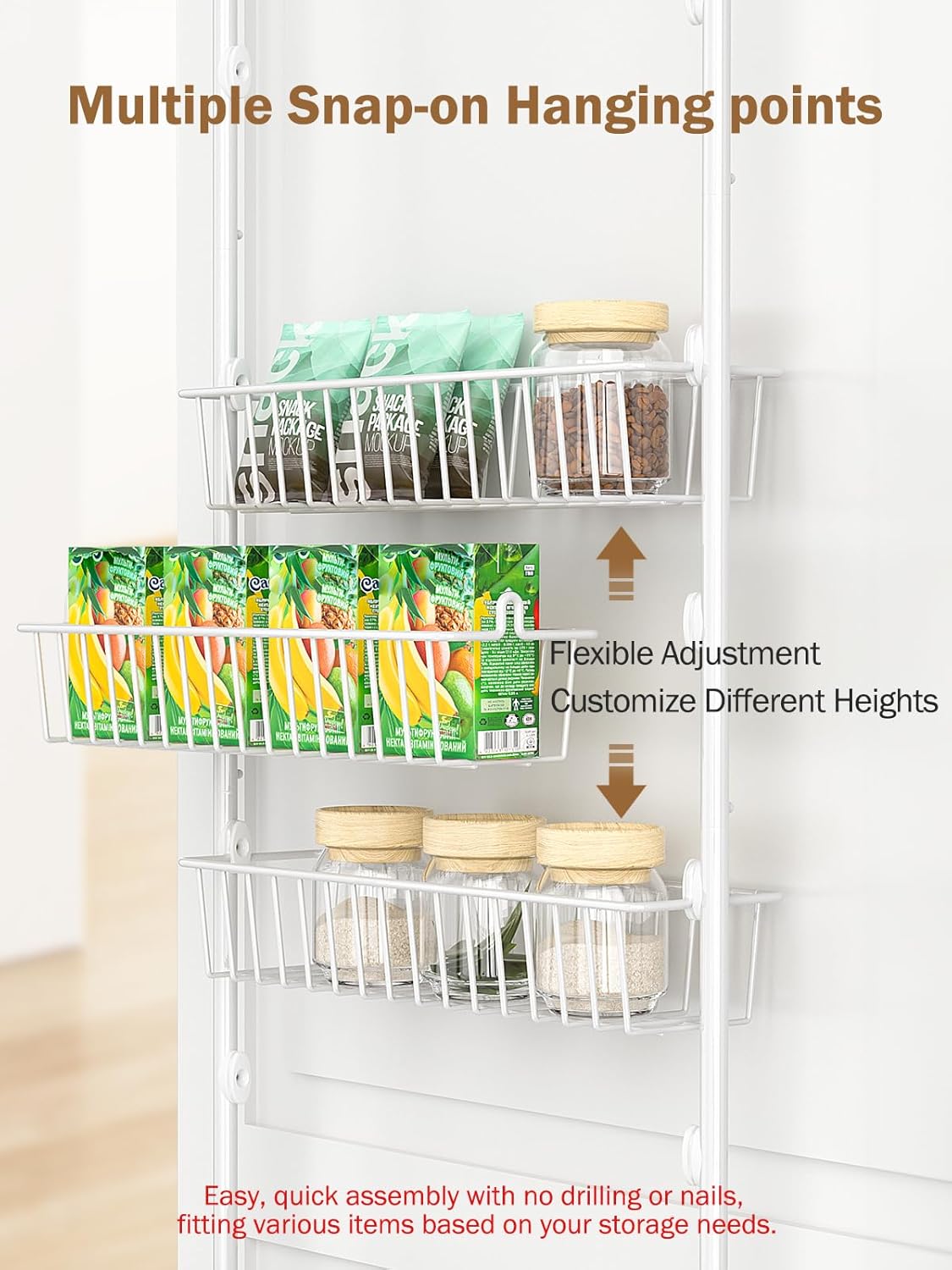 Delamu Over The Door Pantry Organizer, 8-Tier Pantry Door Organizers and Storage with Adjustable Basket, Metal Hanging Spice Rack, Seasoning Organizer, Door Organizer for Home Kitchen Bathroom, White