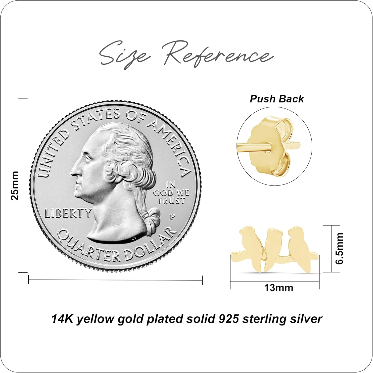 Tiny Lovely Three Birds Line Post Stud Earrings For Women In 14K Gold Plated Sterling Silver With Push Back Plain Jewelry