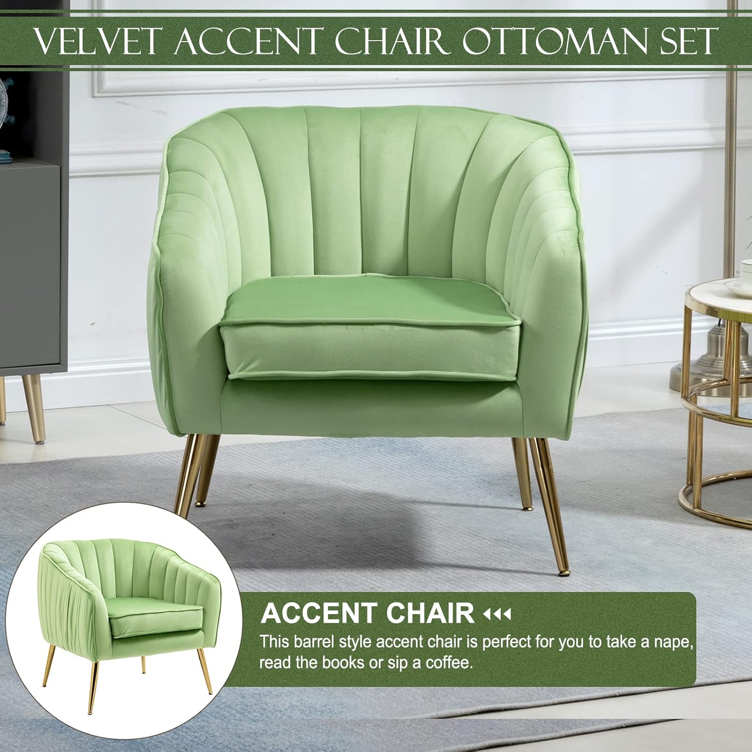 Velvet Accent Sofa Chair with Ottoman, Comfy Living Room Chairs with Adjustable Legs, Modern Upholstered Tufted Lounge Barrel Chair Ottoman Set for Bedroom, Home, Office (Grass Green)