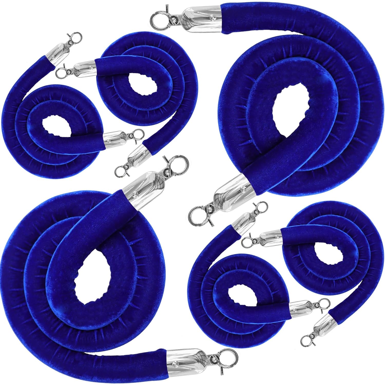 6PCS Blue Velvet Stanchion Rope 5 Ft Crowd Control Ropes Barrier with Silver Hooks for Party