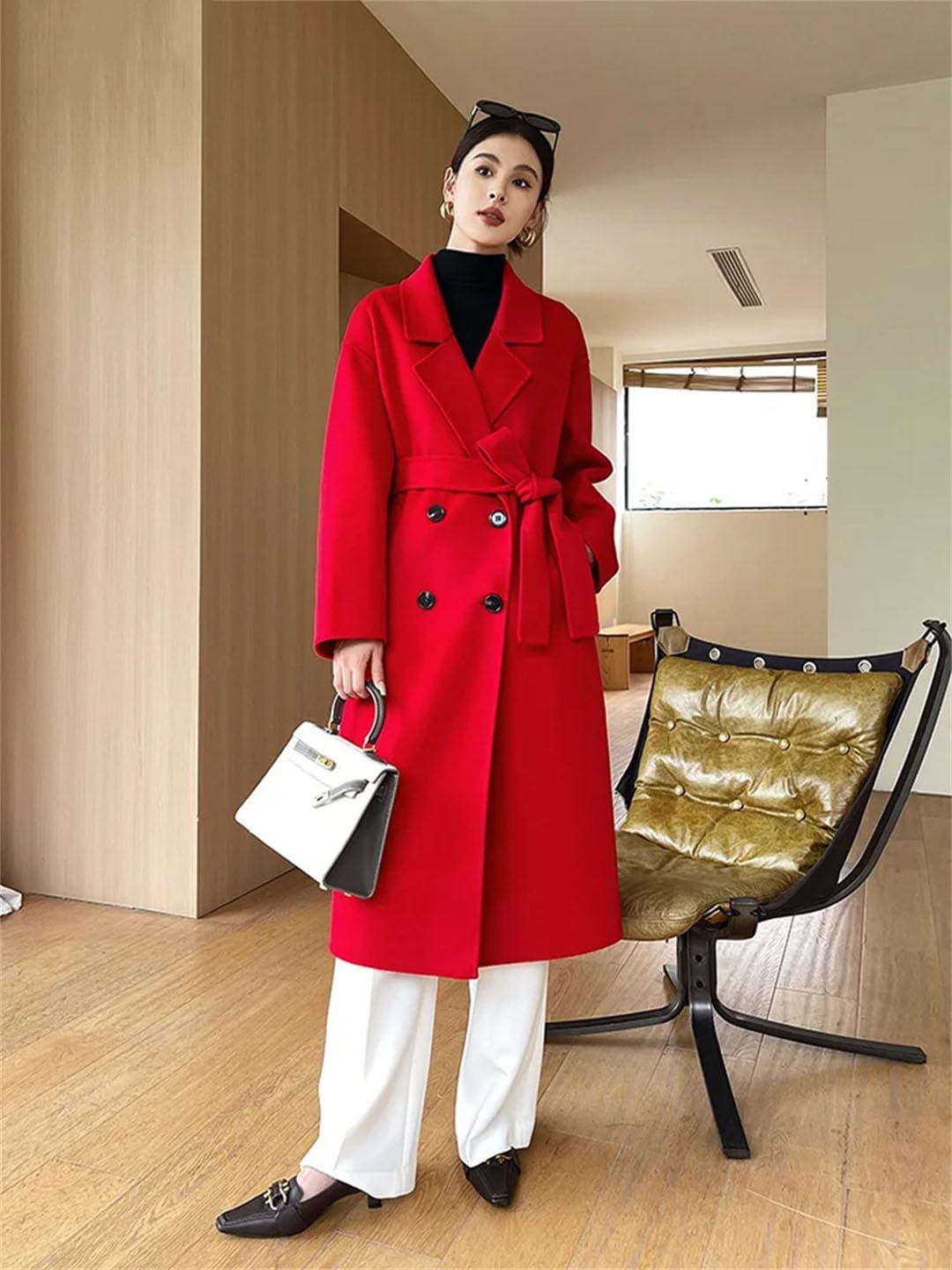 Women Notch Lapel Wool Coat Drop-Shoulder Wool Loose Overcoat Double-Layers Winter Long Jacket Thick Coat