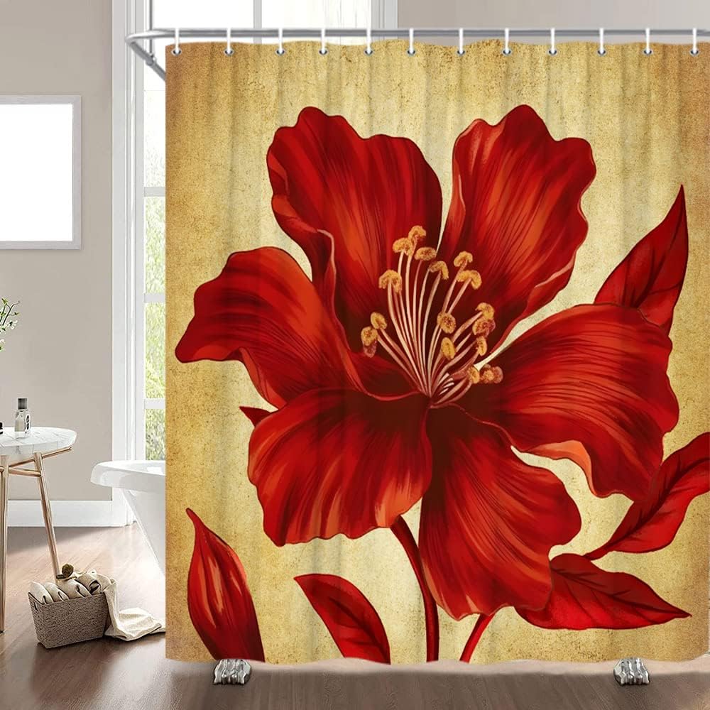 Red Flower Shower Curtain Retro Burgundy Floral Brown Red Vintage Elegant Bloom Plant Bathroom Decor Curtains Polyester with Hooks