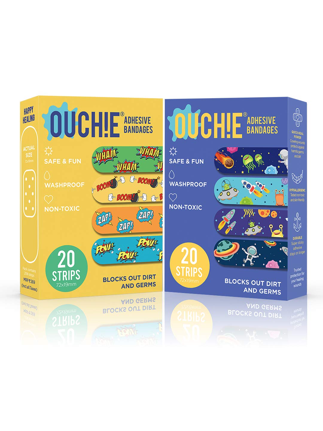 Ouchie Non-Toxic Printed Bandages Double Combo (40 Pack) - Yellow & Space Blue
