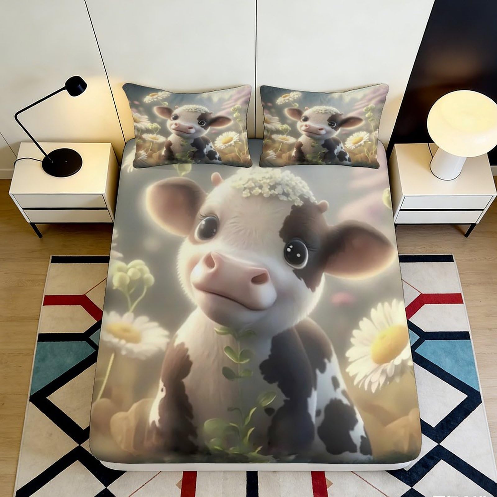 Pnayamiorkfel Style-8 3D Printed Cute Cow Fitted Sheet Microfiber Soft Breathable Daisy Meadow Bed Cover For Bedroom Guest Room Decor 90X200x25cm