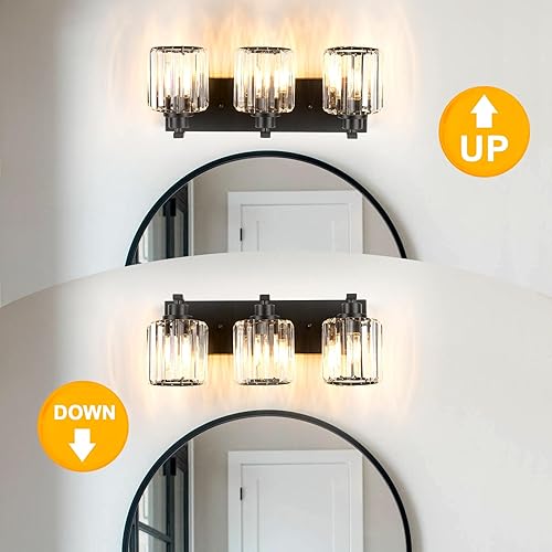 Miniatura 4 de 3 luces de cristal para tocador de baño, moderna lámpara de baño negra sobre espejo, luces de tocador para dormitorio, baño, pasillo, base E27