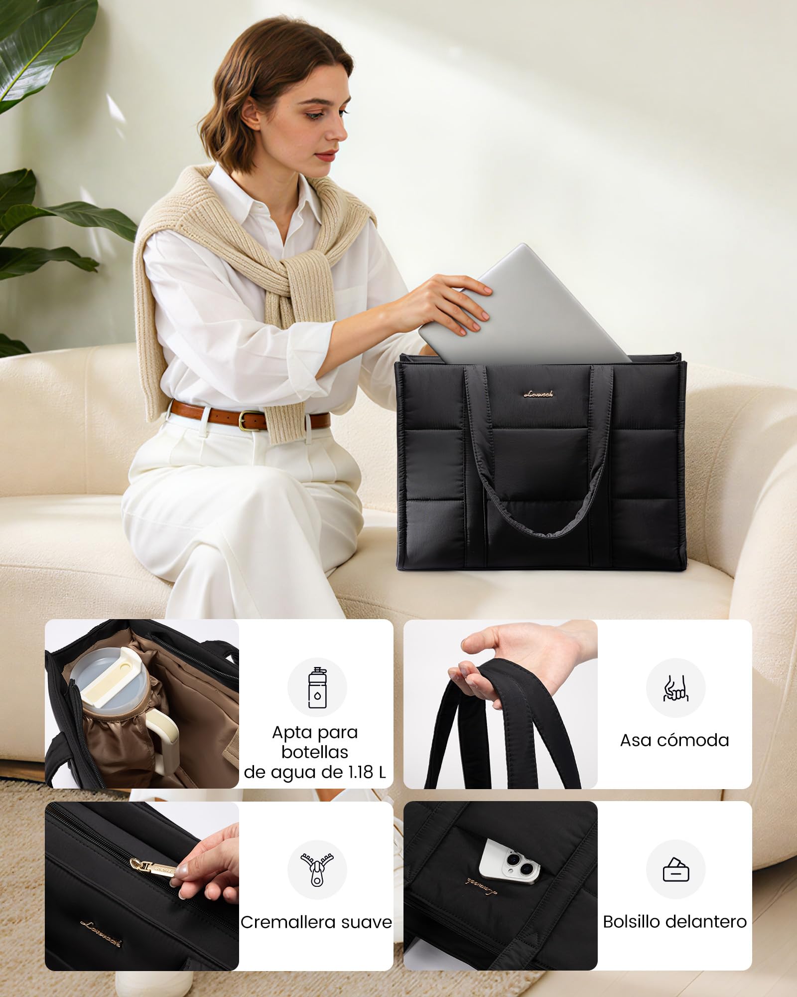 LOVEVOOK Bolso Mujer Grande, Puffer Bolso Tote Bag Bolsos para Universidad Shopper, Bolso Portatil Ordenador para Trabajo Oficina Universitarias