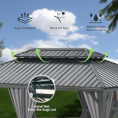 Miniatura 2 de Domi - Cenador de techo rígido de 12 x 20 pies, kiosco de aluminio para exteriores con doble techo de acero galvanizado, gran pabellón permanente