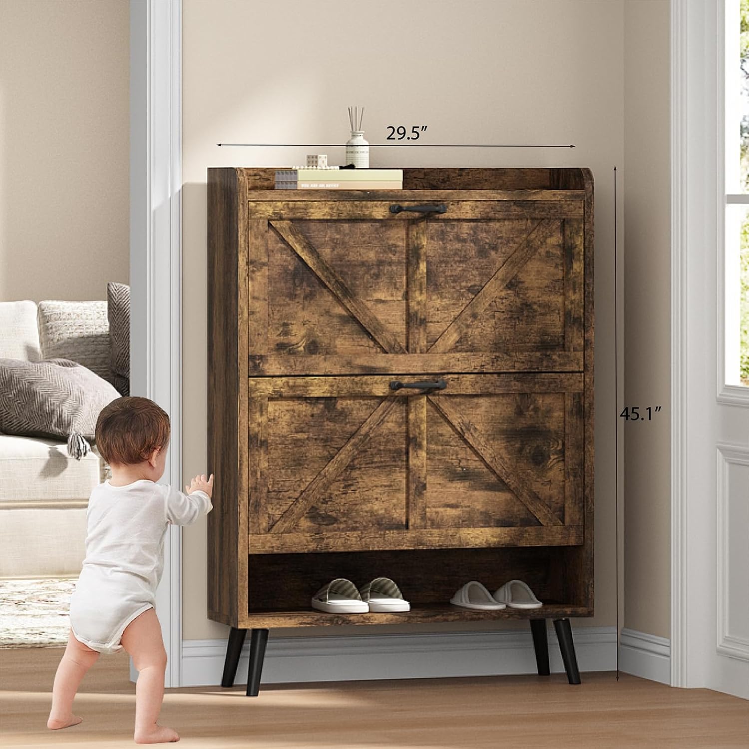 Shoe Storage Cabinet for Entryway, Hidden Shoe Cabinet with 2 Flip Drawers, Free Standing Wooden Shoe Cabinet for Hallway, Narrow Slim Shoe Organizer Shoe Rack
