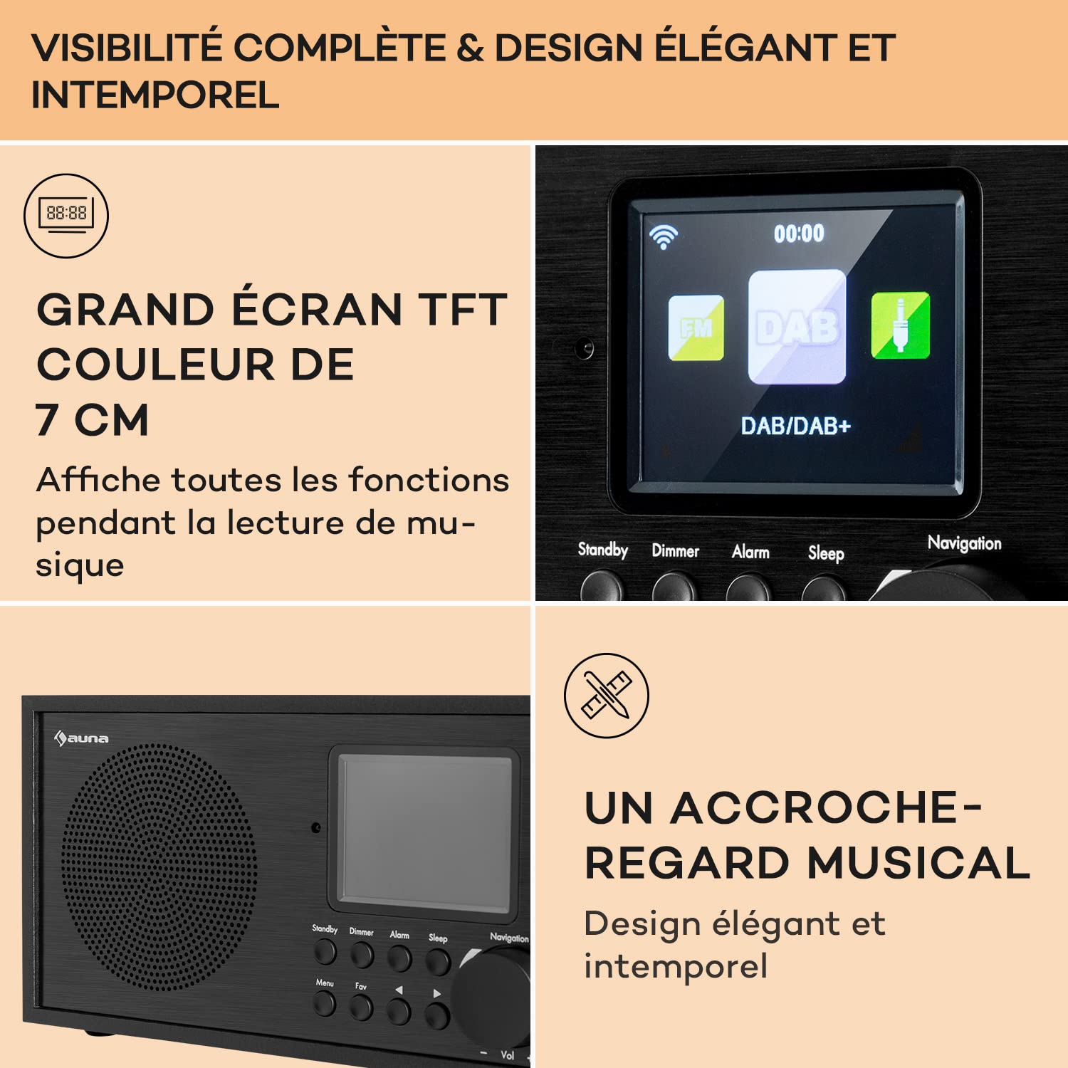 Auna Radio Portable Bluetooth et Rechargeable, Poste Radio Numérique Dab/Dab+/FM/Streaming, Mini Portables Stéréo, Écran HCC, 5h d'Autonomie, FM, Alarme de Réveil, Alimentée au Secteur