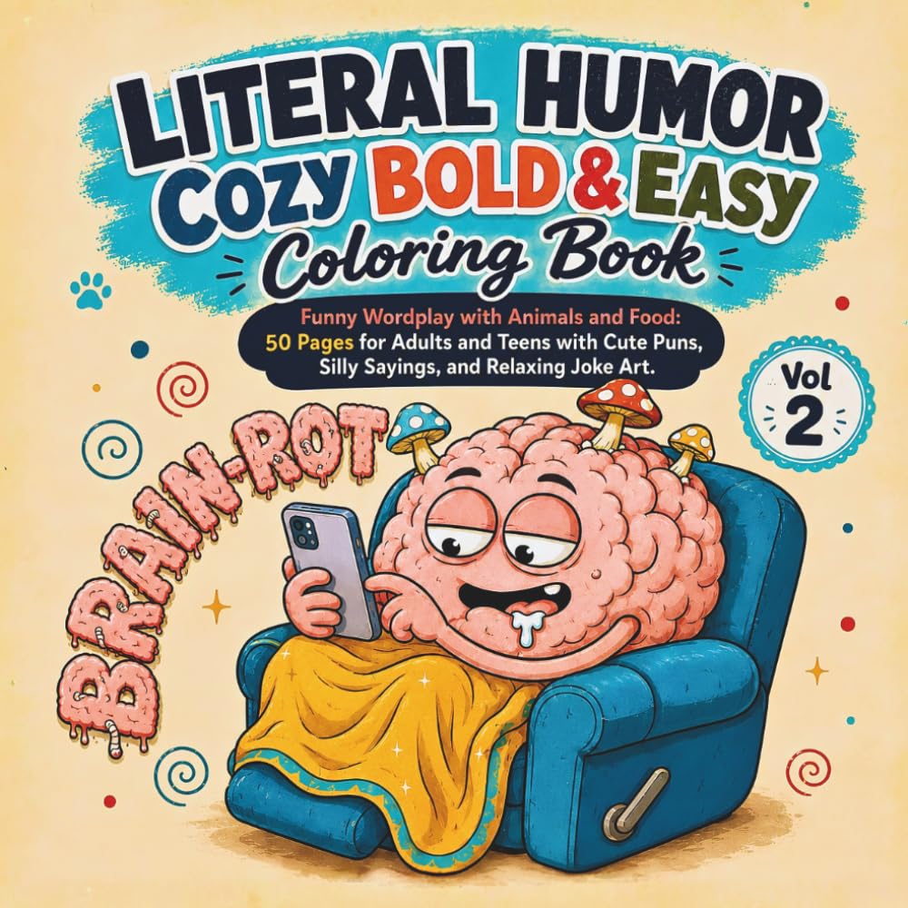 Literal Humor Cozy Bold & Easy Coloring Book Vol 2: Funny Wordplay with Animals and Food: 50 Pages for Adults and Teens with Cute Puns, Silly Sayings, and Relaxing Joke Art