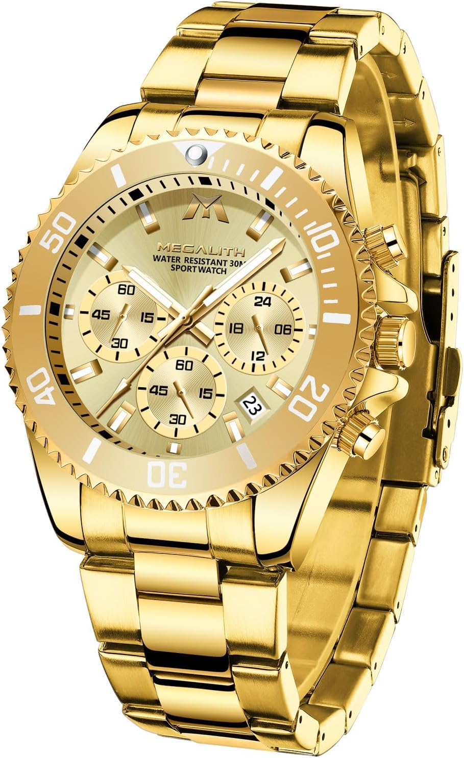 MEGALITHMens Watch Chronograph Gold - Stainless Steel Watches for Men Waterproof Designer Mens Wrist Watches Dress Luminous Date Analogue Watch, Gifts for Men