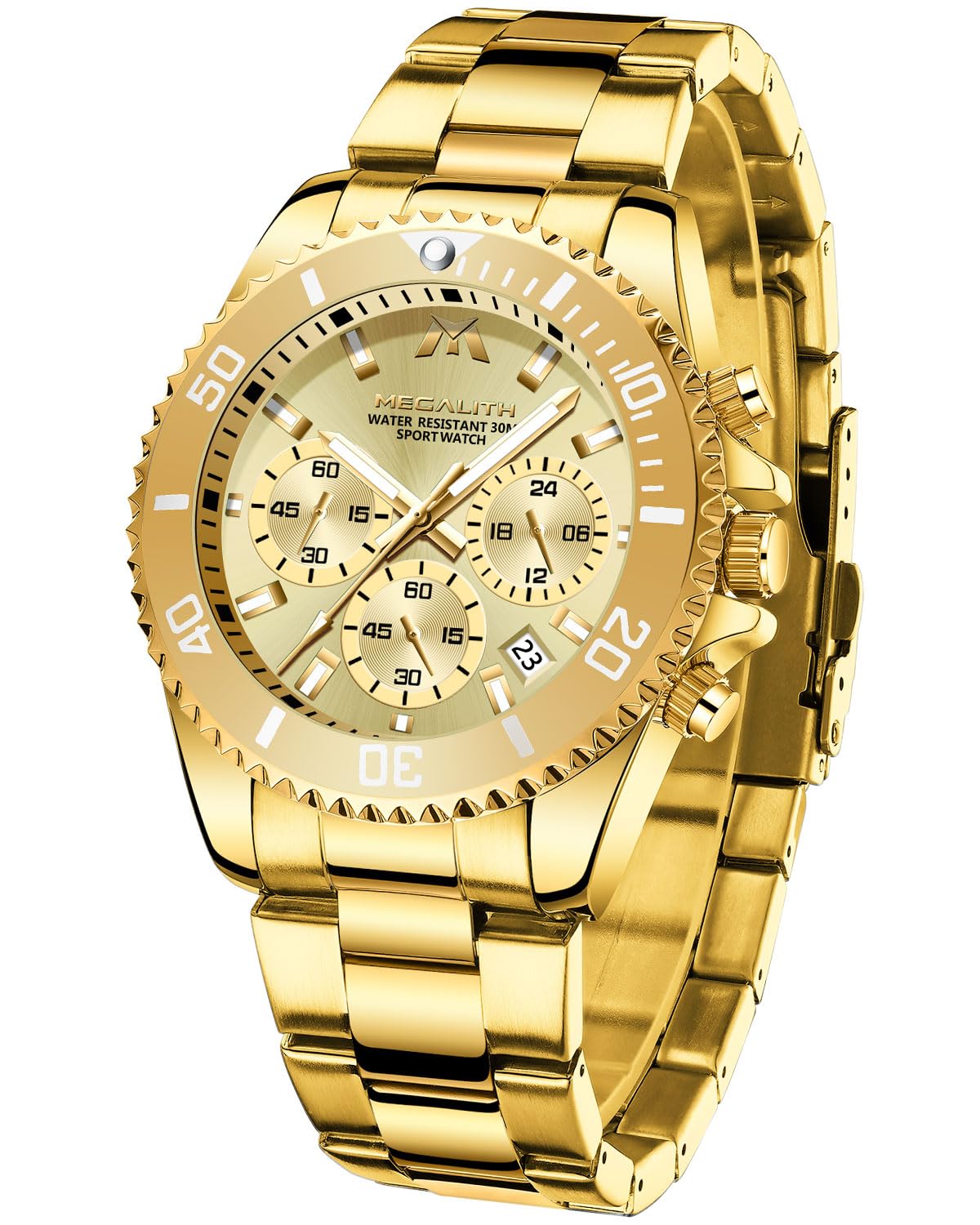 MEGALITHMens Watch Chronograph Gold - Stainless Steel Watches for Men Waterproof Designer Mens Wrist Watches Dress Luminous Date Analogue Watch, Gifts for Men