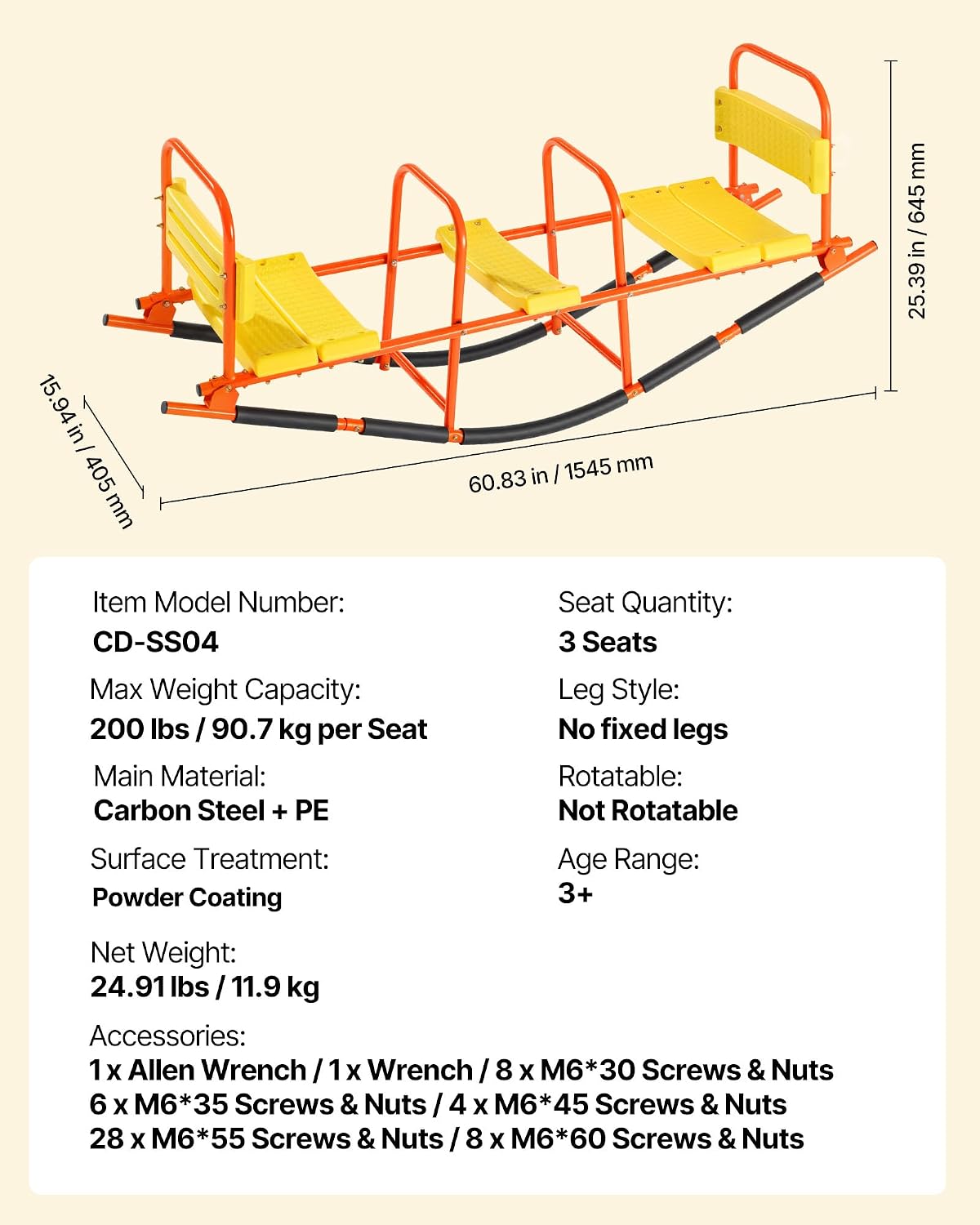 VEVOR Seesaw Teeter Totter for Kids Outdoor, 200 lbs Load Capacity, Metal Rocking Teeter Totter with Handles, Toddler Seesaw for Kids Aged 3+, Playground Equipment for Lawn, Backyard, 3 Seats
