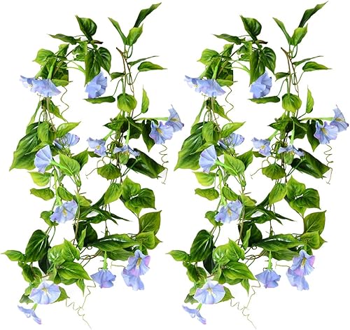 WINOMO 2pcs Vines artificial Morning Glory colgante verde Plantas Guirnalda de seda Cestas de decoración (Azul)