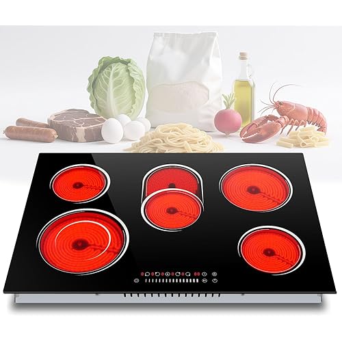 30 Inch Electric Cooktop 8400W, 5 Burner Electric Stove Top with Slider Control, Built-in Ceramic Cooktop 30'', Dual Oval Zone, Timer & Safety Lock, Hot Surface Indicator, 220V, Hard Wire