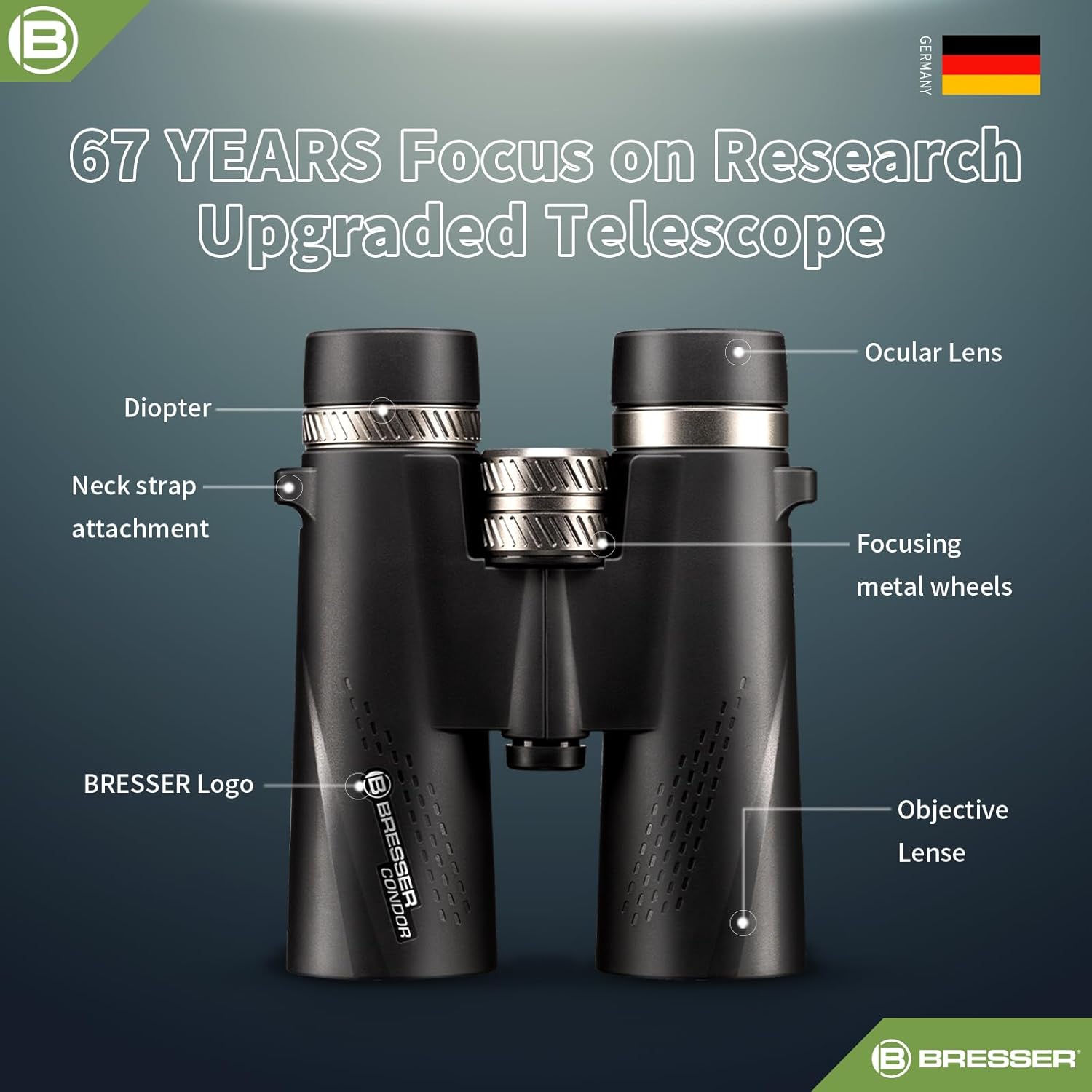 BRESSER 10x42 Binoculars with labeled parts