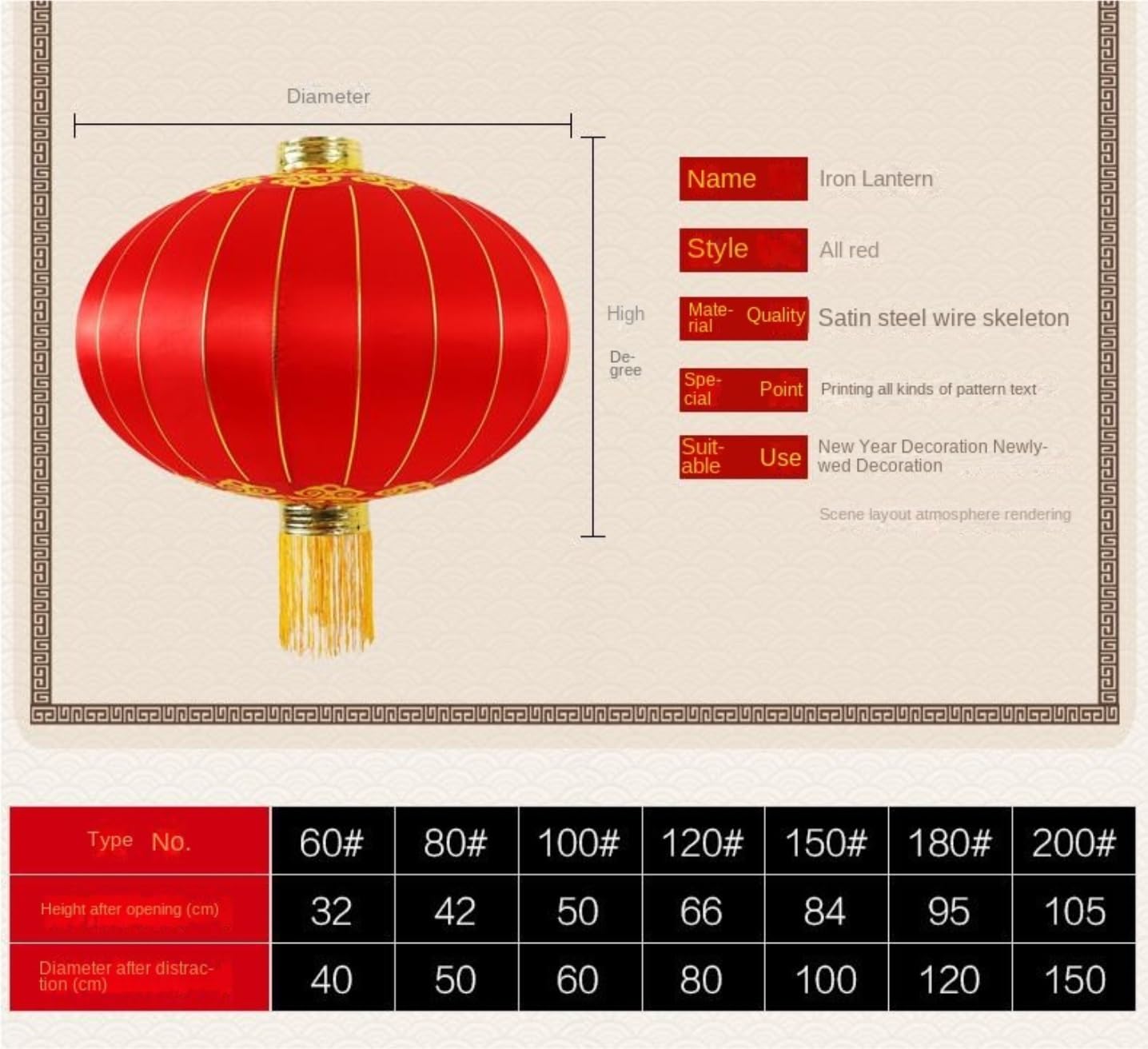 Linterna de Papel farolillo Farol Redondo Colgante De Satén For La Decoración del Año Nuevo Chino, Festival Primavera Y Medio Otoño Decoraciones de Año Nuevo(120cm)