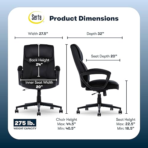 Miniatura 73 de Serta® Hannah Silla ejecutiva para oficina en casa, ergonómica de respaldo medio con soporte lumbar, cojín de asiento firme, almohadas corporales