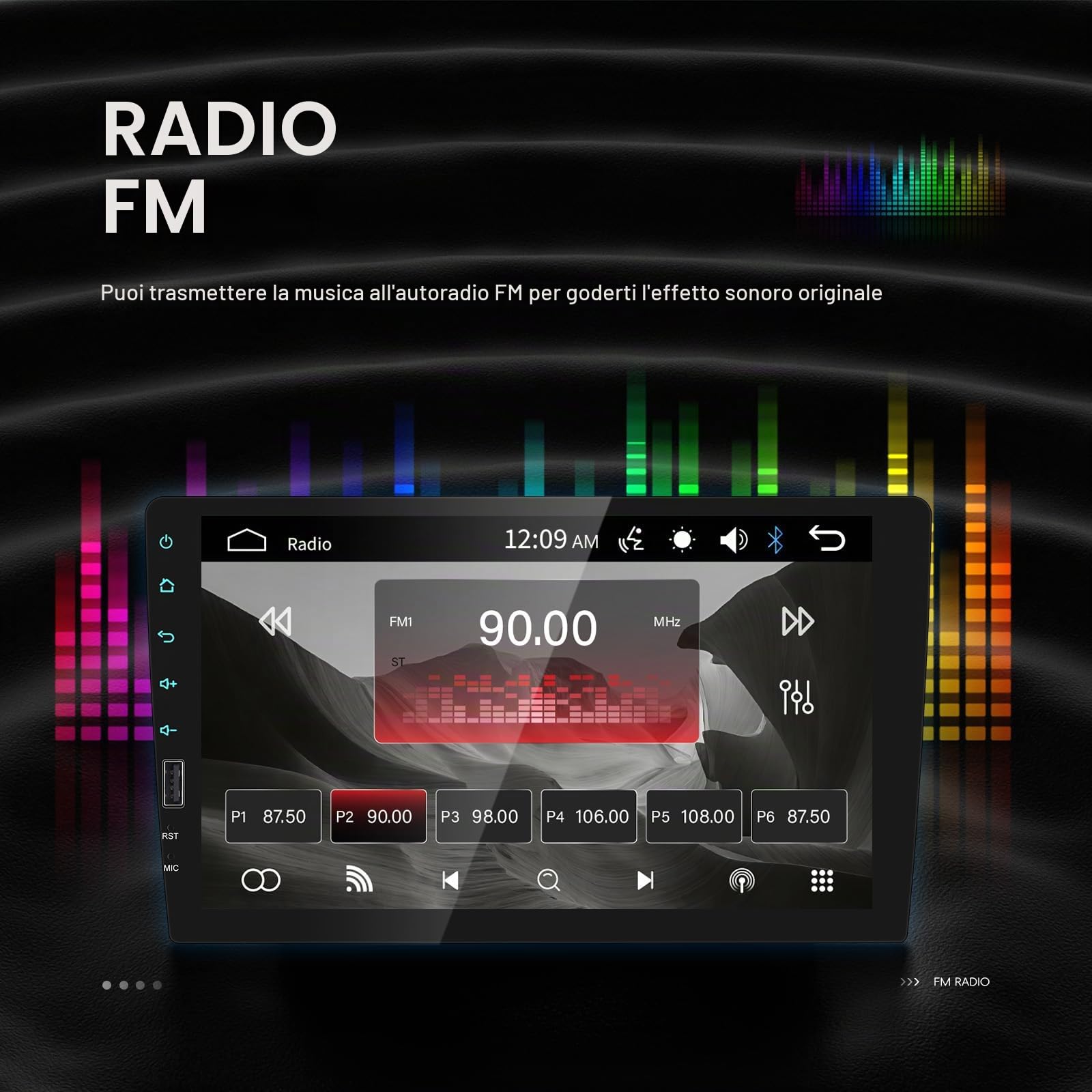 1 DIN Autoradio Bluetooth Touch Screen 9 Pollici | Stereo Auto Schermo Double Din Radio Supporto FM, USB, EQ, Specchiamanto Telefono, con Telecamera Posteriore