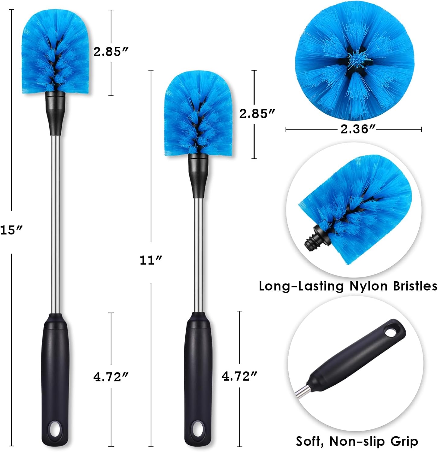 Stainless Steel Bottle Brush, 2 Pack, 15 in with 3 Replacement Brush Heads, Round Head