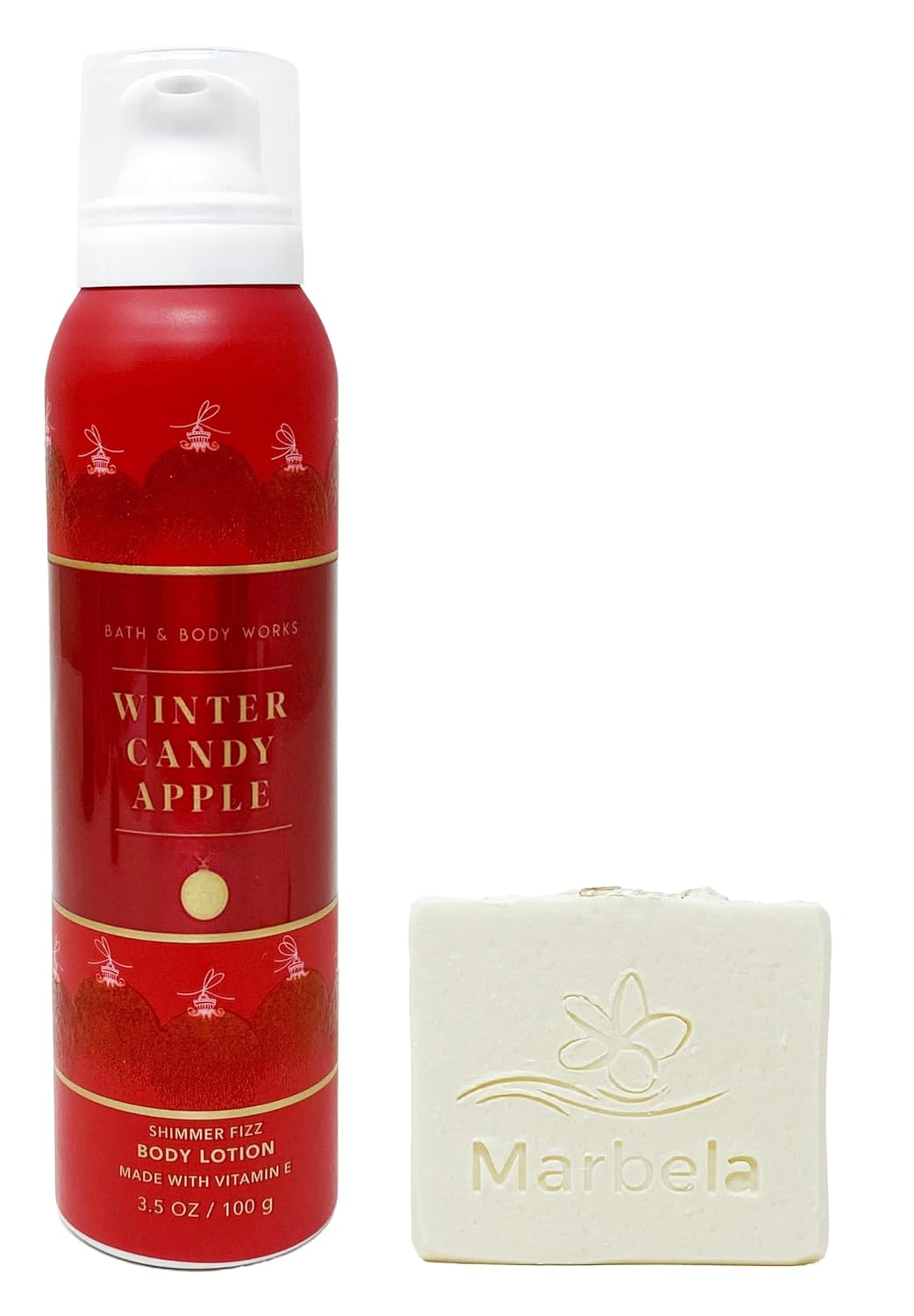 Bath & Body Works Winter Candy Apple - Shimmer Fizz Body Lotion with a Natural Oats Sample Soap.