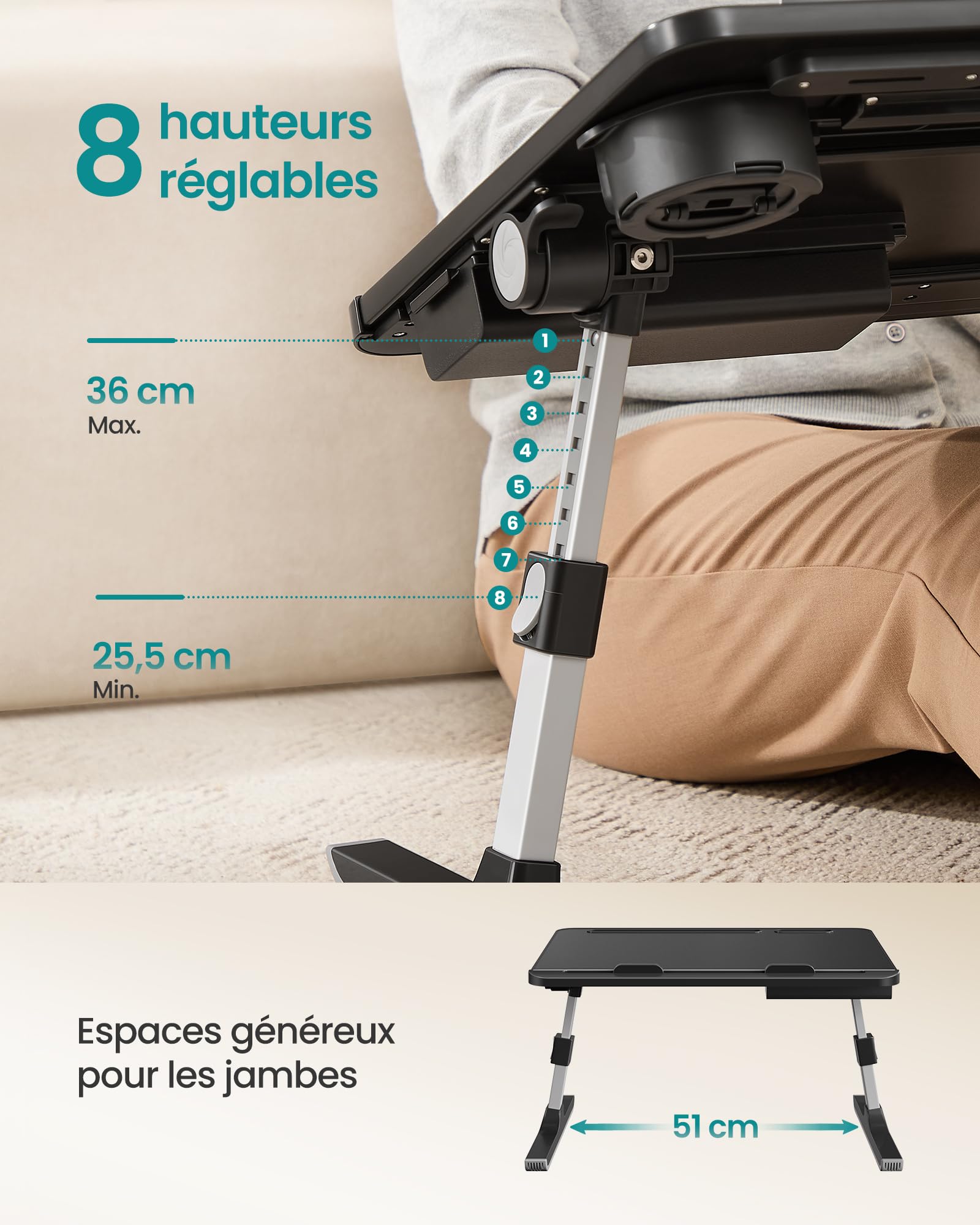 SONGMICS Table de Lit Pliable Plateau 56 x 40 cm Hauteur Réglable Inclinaison 120° Noir d’Encre