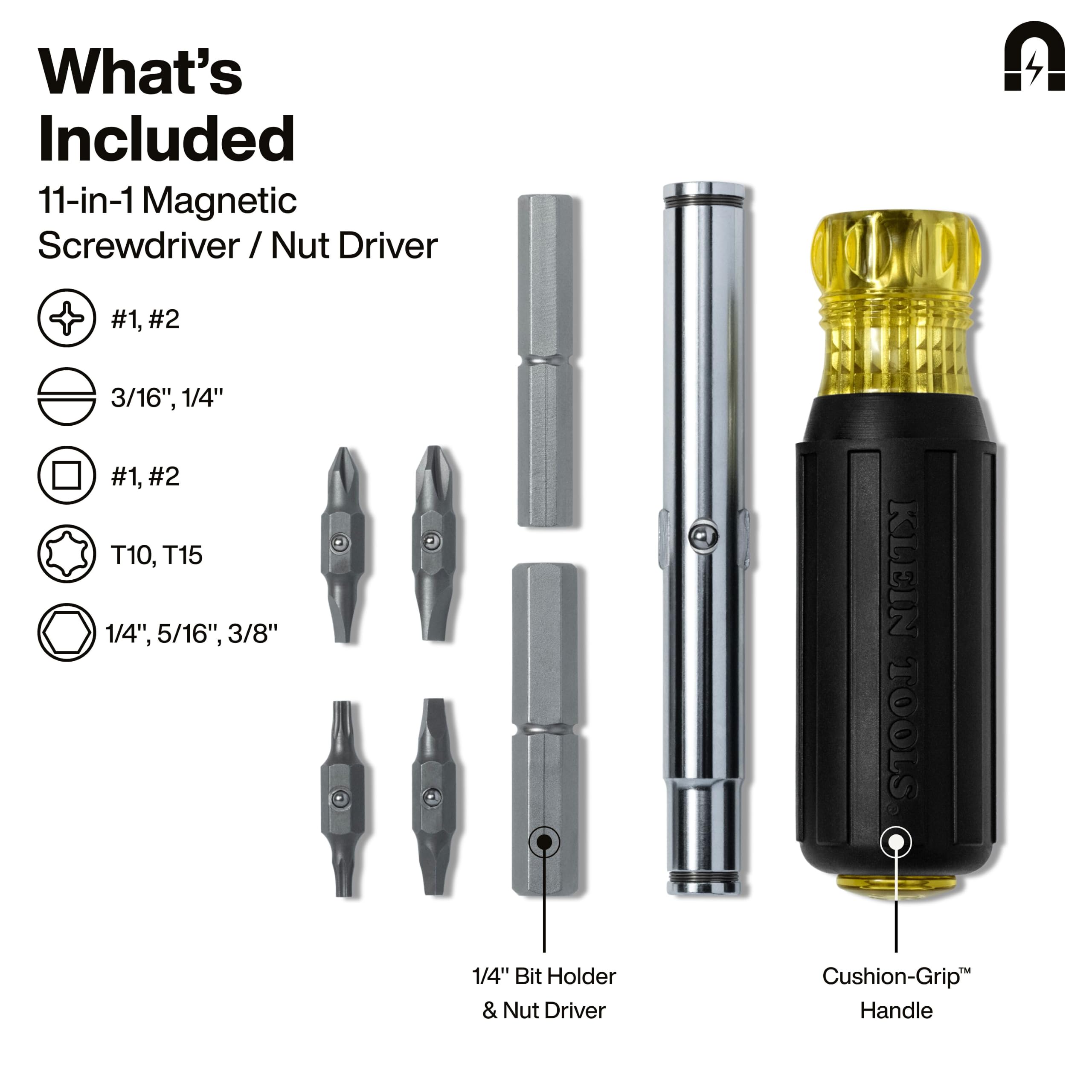 Klein Tools 32500MAG | Cacciavite magnetico multi-bit 11-in-1 con chiavi a bussola | Impugnatura Comfort Grip | Magneti ad alta tenuta | Acciaio temprato