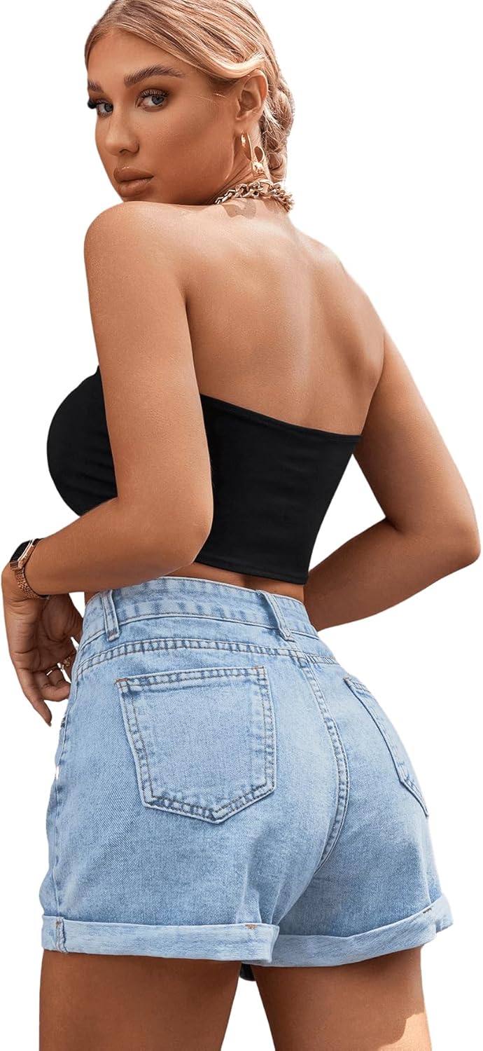 SweatyRocks Women's High Rise Roll Up Hem Straight Leg Denim Jean Shorts with Pocket - Image 2