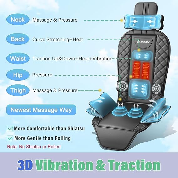 Back Massager with Heat & Traction & Vibration, Seat Massager Pad for Pain Relief Deep Tissue, Lumbar Traction, PU Leather, Foldable, for 5 to 61, Massage Chair Pad for Office Home