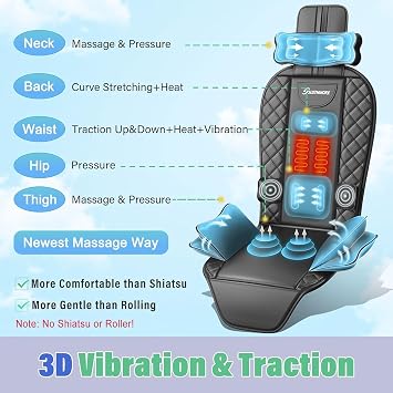 Back Massager with Heat & Traction & Vibration, Seat Massager Pad for Pain Relief Deep Tissue, Lumbar Traction, PU Leather, Foldable, for 5 to 61, Massage Chair Pad for Office Home
