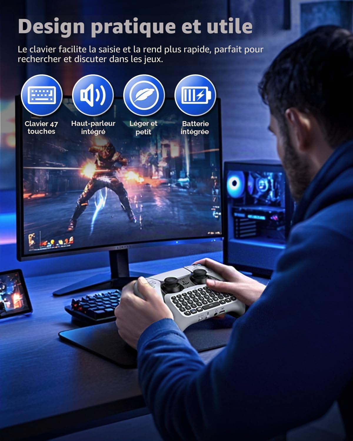 MENEEA Clavier sans Fil pour PS5/PS5 Pro, Bluetooth 3.0Mini Gamepad Chatpad | avec Haut-parleur Intégré & 3.5MM Prise Jack Audio pour PS5/PS5 Pro Voice Chat Board pour Messaging &Gaming Chat en Direct