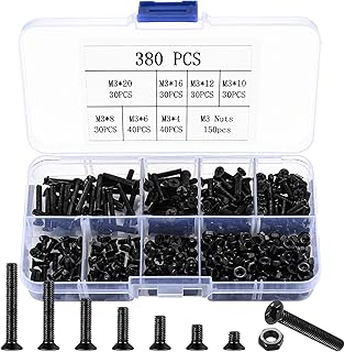 M3 Flat Head Machine Screws and Hex Nuts Kit, 380 Pcs Black Countersunk Head Phillips Screws Bolts Nuts Assortment Kit - M3 x 4mm/ 6mm/ 8mm/ 10mm/ 12mm/ 16mm/ 20mm