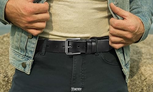 Miniatura 2 de YOETEY Cinturón de cuero de grano completo para hombre Cinturón casual de 1 12 pulgadas con cuero de vaca Hebilla enrollable con agujero ovalado