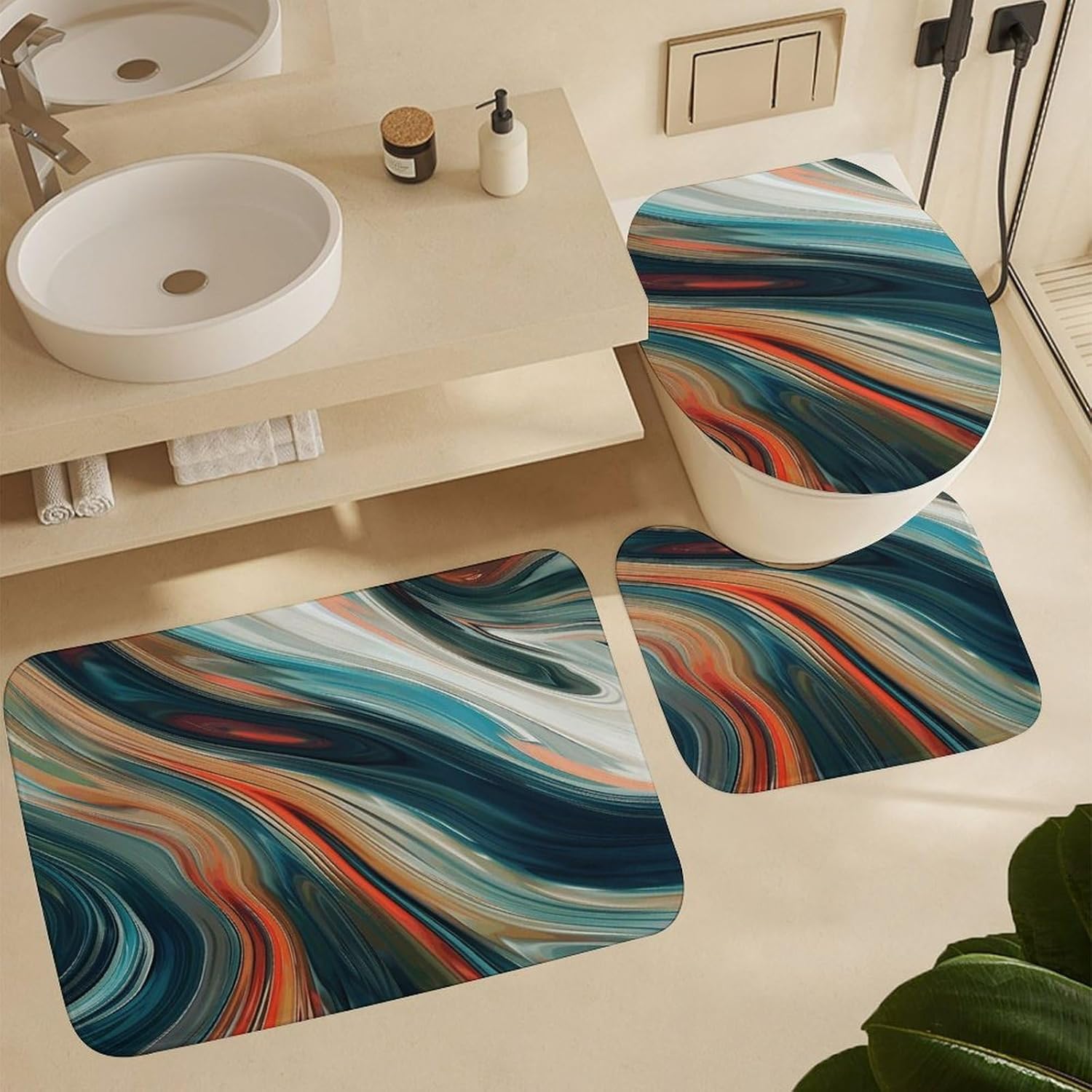 Four Piece Bathroom Set with Toilet Lid Cover and Non-Slip Rugs Minimalist Shower Curtain for Bathroom Set