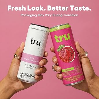 Tru Calming Drink, Magnesium Glycinate Sparkling Water with Real Fruit Juice, Strawberry Melon Flavored Seltzer, Caffeine Free, No Added Sugar, Keto, Vegan, Kosher, Gluten Free, 12 Fl Oz (Pack of 12)