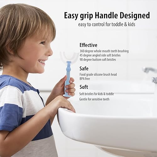 Miniatura 3 de Cepillo de dientes en forma de U para niños con cabezales de silicona suave para niños de 2 a 6 años, cepillos de dientes de boca entera para niños