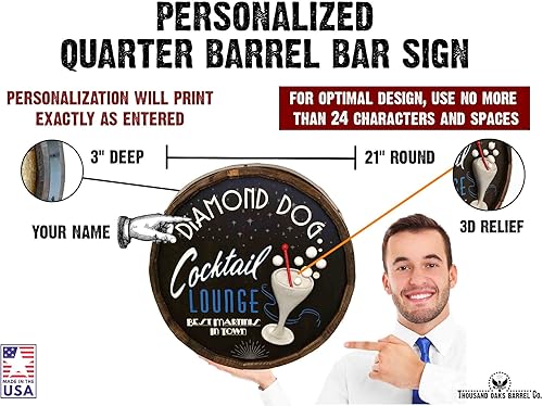 Vista 317 de THOUSAND OAKS BARREL CO. Personaliza el letrero de un cuarto de barril con cócteles de gato negro, barril de vino hecho de madera de roble de alta