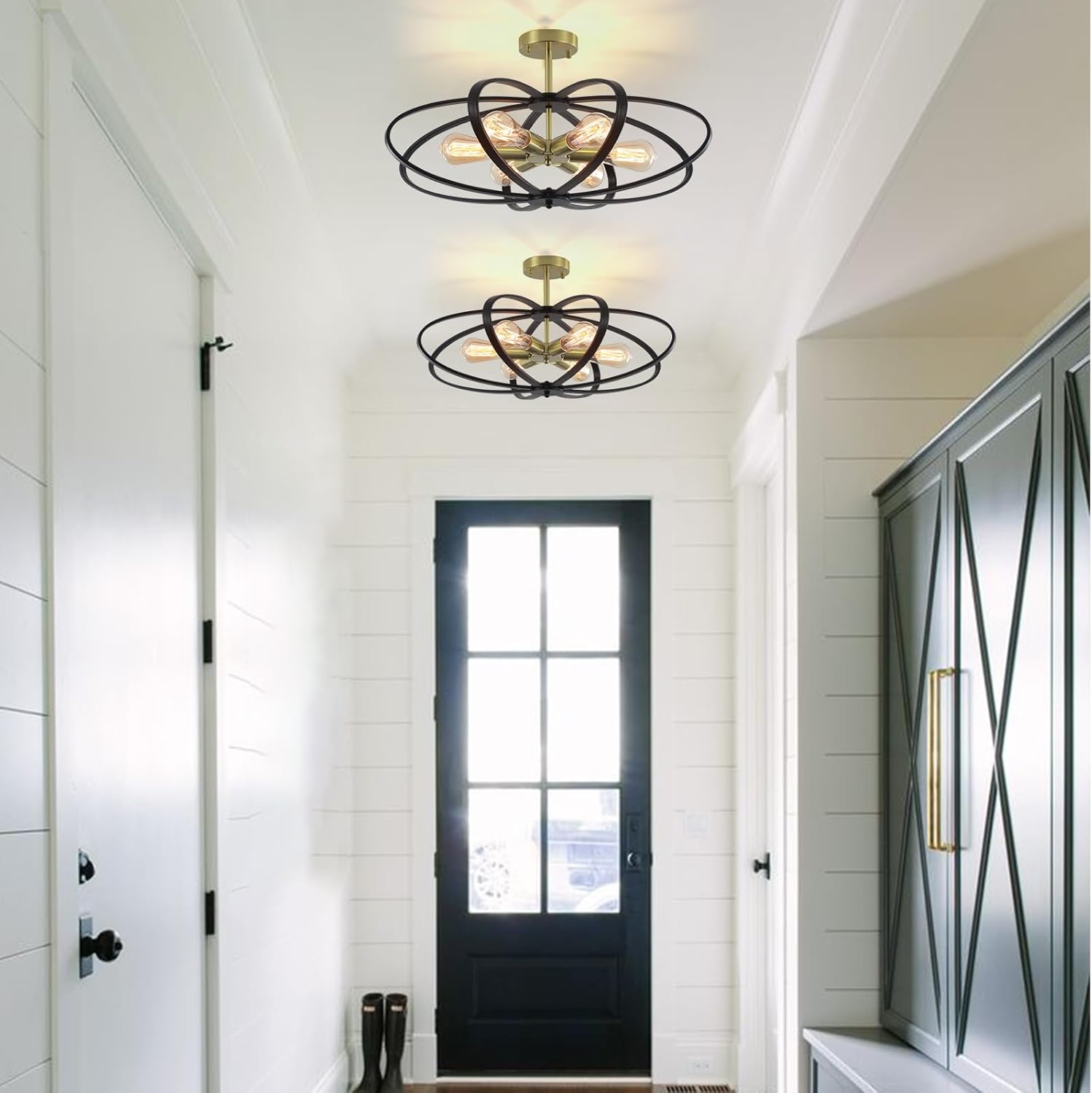 Semi Flush Mount Ceiling Light Fixture Chandelier 25''Black Gold Bedroom Ceiling Lights 6-Light Foyer Chandelier Style Flower Shape Porch Light Fixture for Entryway,Laundry room,Kitchen,Farmhouse