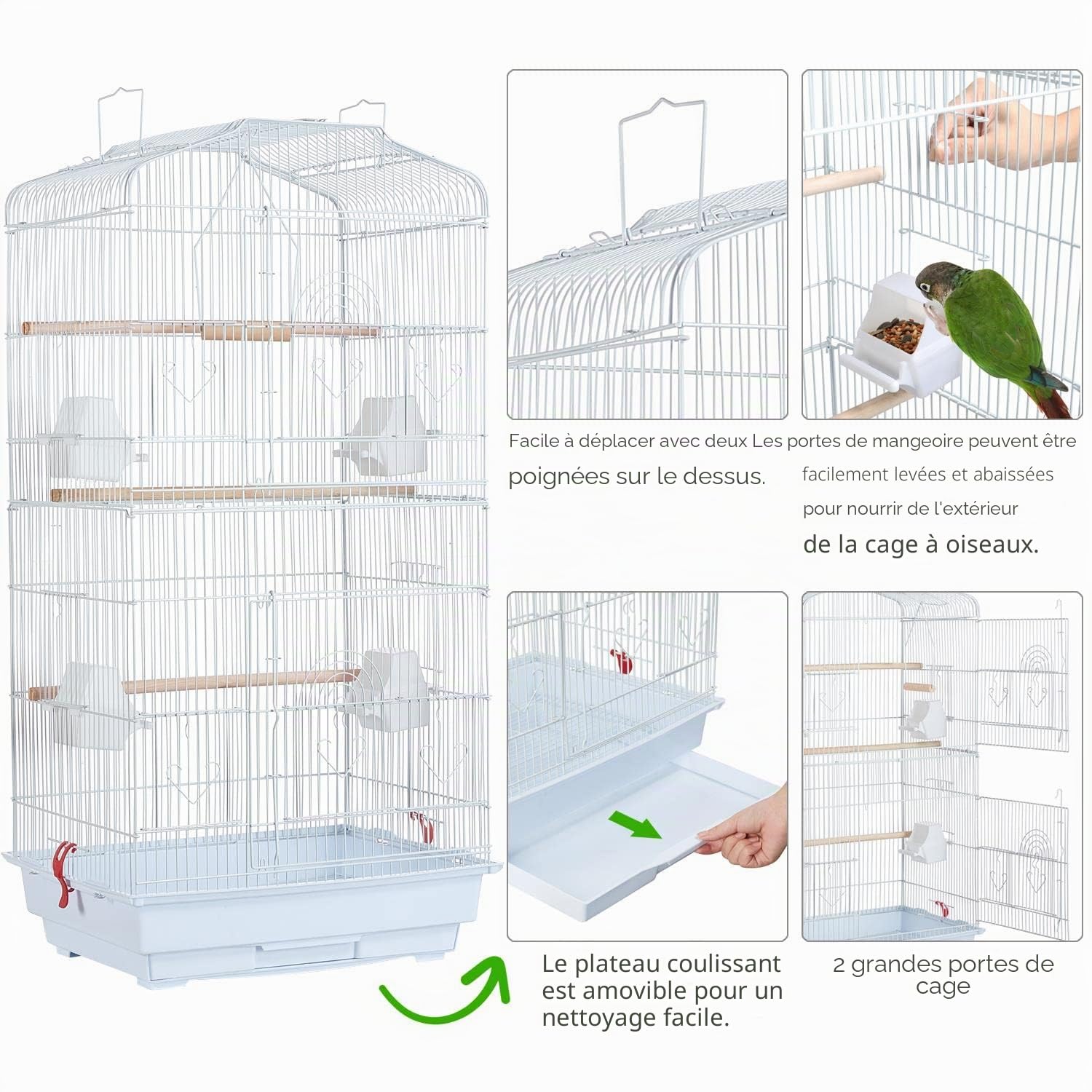 Yaheetech Cage à Oiseaux Perruche Cage avec Toit Ouvrable pour Calopsitte élégante Inséparable Perruche Ondulée Canaris 46 x 36 x 92 cm Blanc