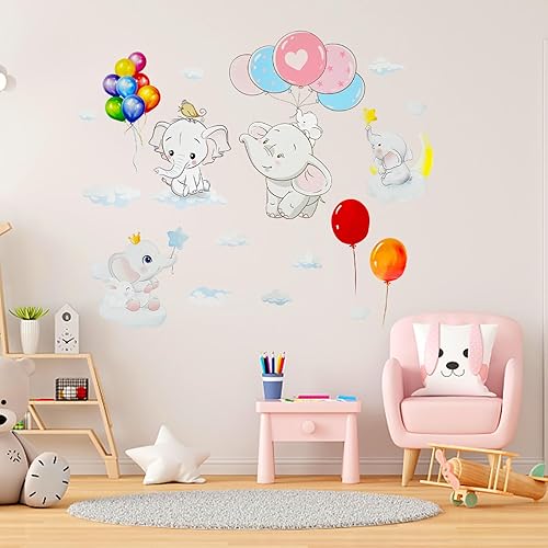 Miniatura 3 de Calcomanías de pared de elefante, lindo globo de elefante, decoración de baby shower, globo de aire caliente, cuarto de bebé, decoración del hogar