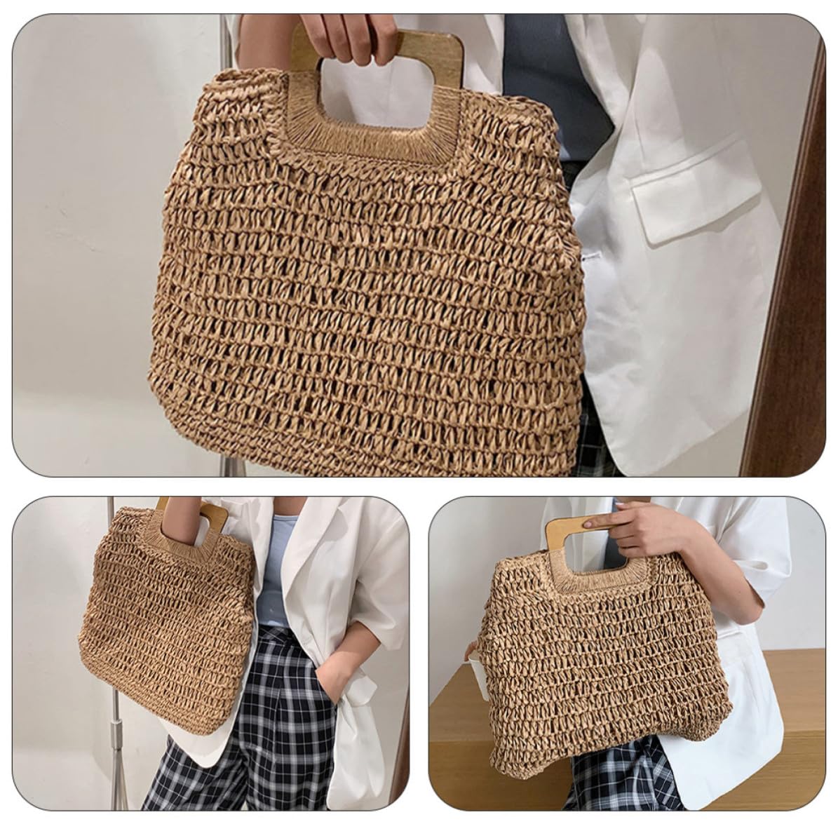 Bolso de Playa Tejido a Mano al Crochet, Bolsa de Almacenamiento Portátil, Gran Capacidad, Ligero, Color Caqui, para Mujer, Compras Diarias y Vacaciones Playa