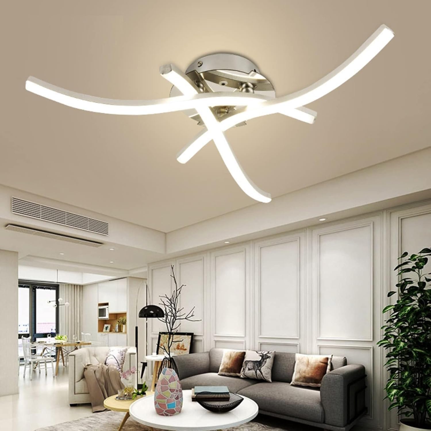 Lámpara LED blanca de techo con protección ocular y ondas artísticas modernas