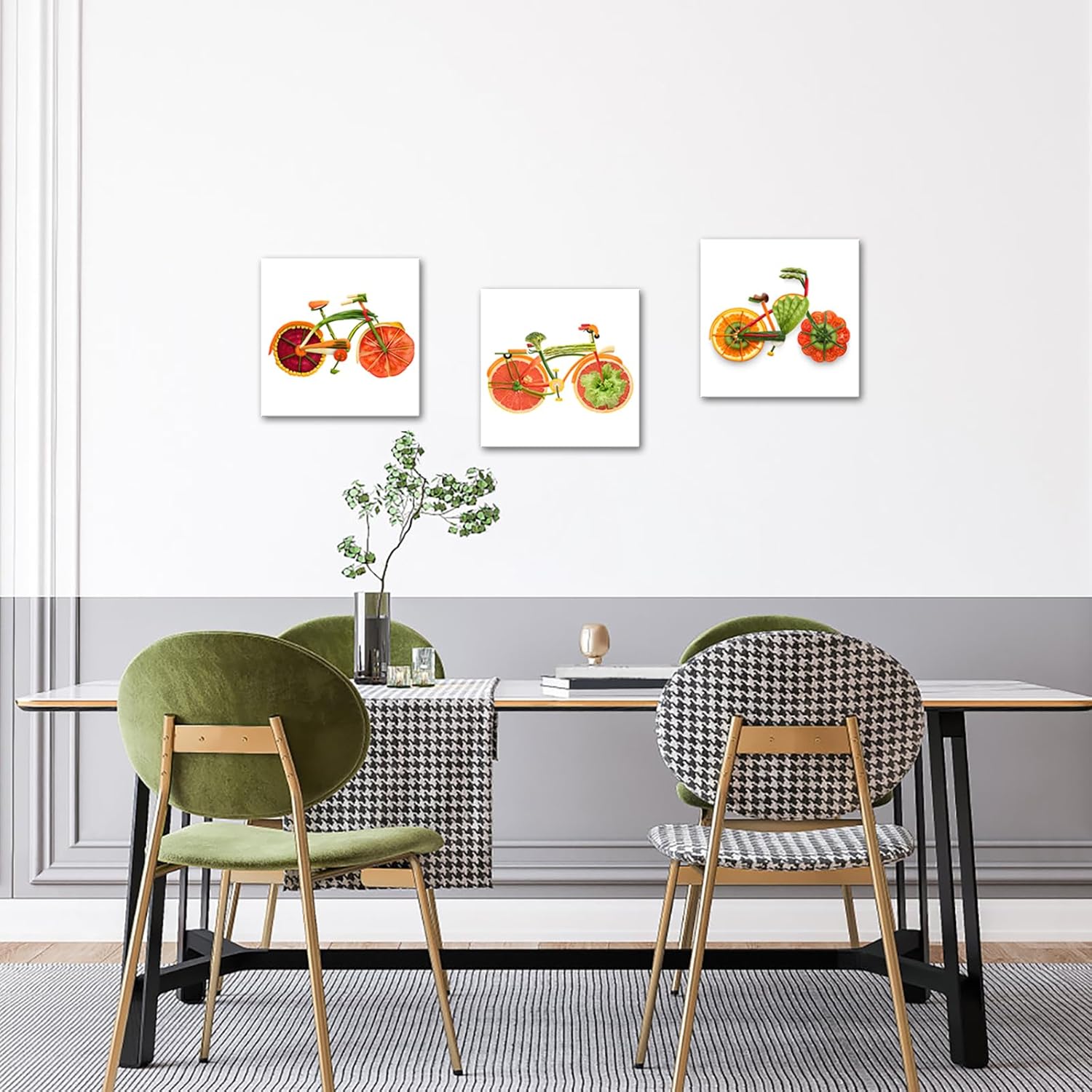 PoGoXiPoYo 3 Panel Kitchen Canvas Wall Art Creative Funny Colorful Vegetable Fruit Bicycle Bike Pictures Wall Decor Food Wall Painting for Dining Room Restaurant Living Room Home 12x12inchx3pcs