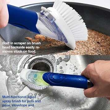 CELOX Dish Brush with Soap Dispenser, Dish Wand Bursh with Handle, 1 Wand & 3 Brush Heads Blue