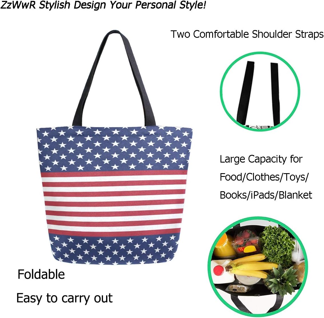 Chic Extra Large Shoulder Grocery Tote Bag, USA Flag Design Star Stripes Pattern Canvas Reusable Handle Bags for Men Women Gym Weekender Picnic Beach Travel Home Storage Market Shopping - Image 2