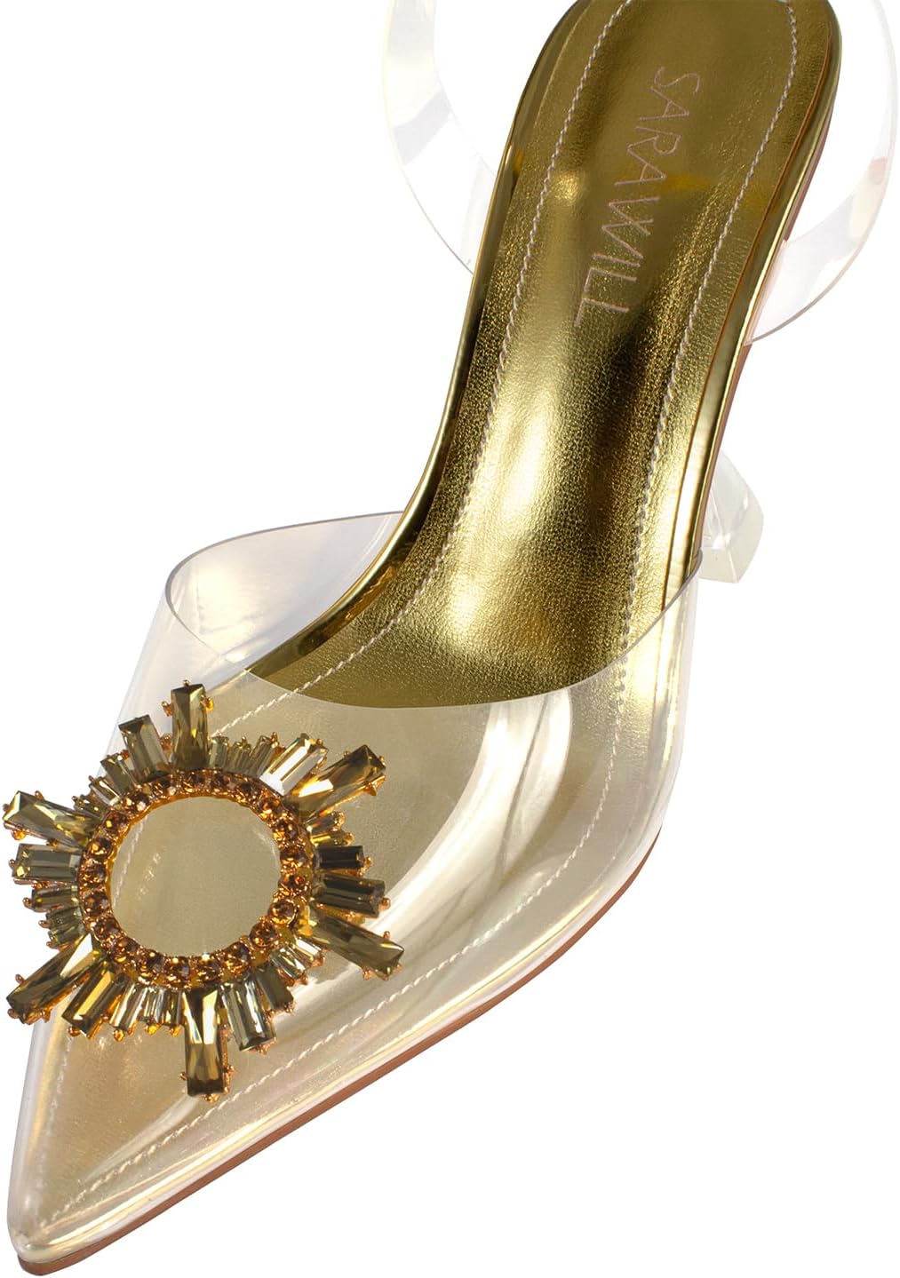 sarawill Women's Sexy Stiletto Pumps Pointed Toe Transparent PVC High Heels Crystal Rhinestones Slingback Party Wedding Shoes for Ladies Fashion - Image 5