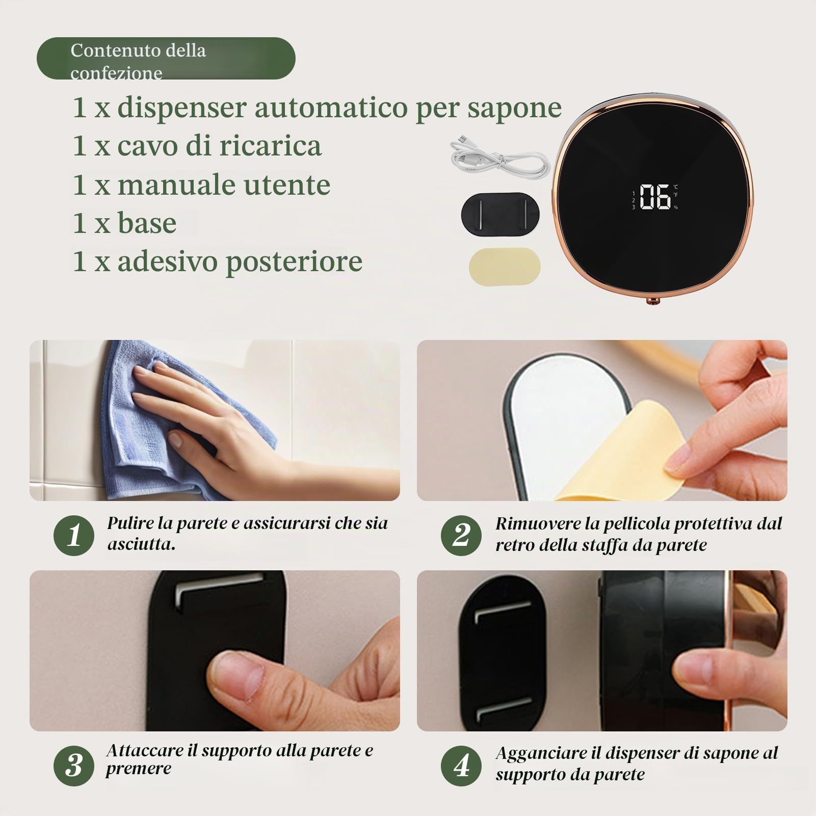 Dispenser automatico di sapone Dispenser di sapone schiumogeno Dispenser di sapone touchless Dispenser di sapone elettrico a parete Dispenser di sapone manuale con (Nero)