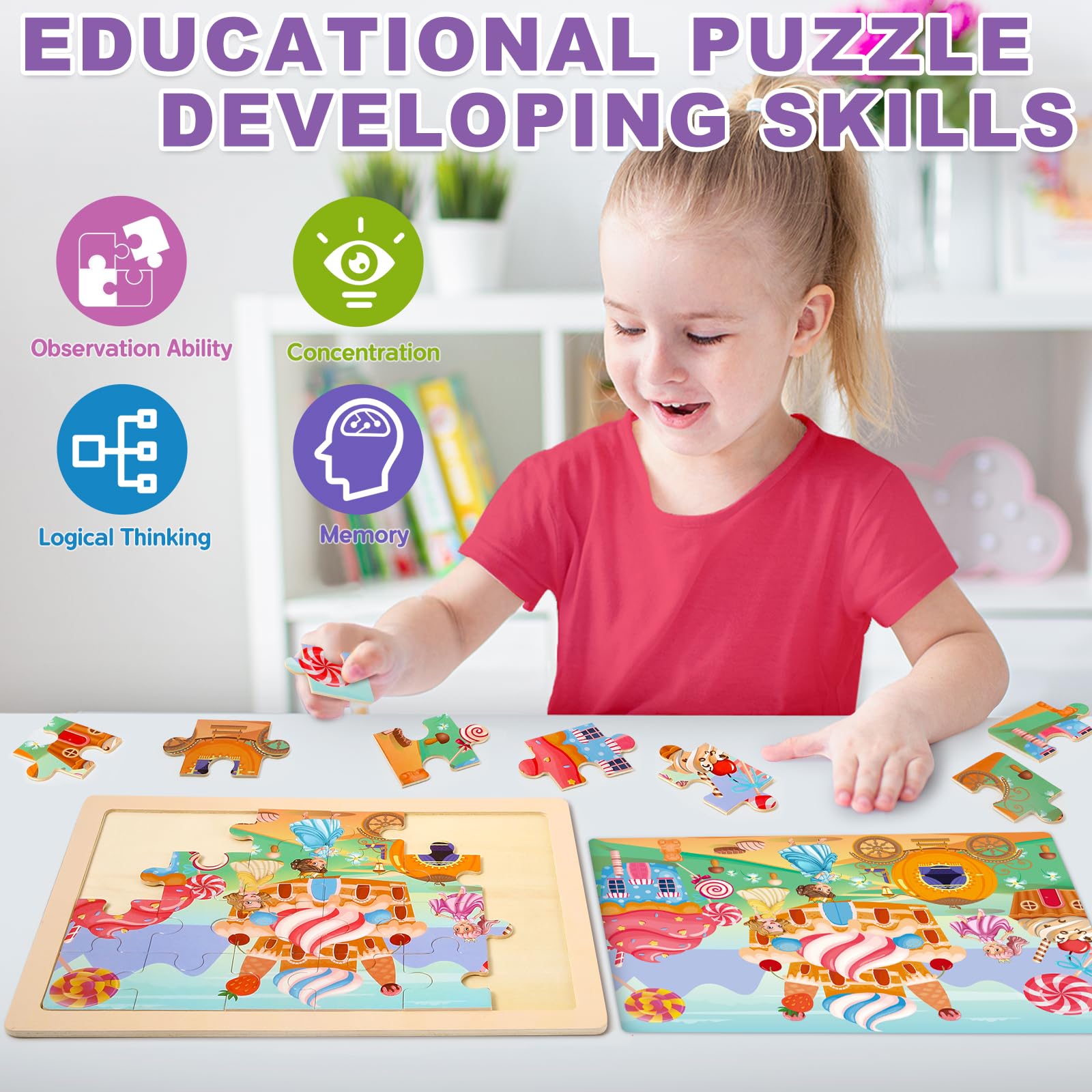 Einhorn und Meerjungfrau Holzpuzzle Feen für Kinder von 4-6 Jahren, 4 Packungen Reisepuzzle für Kinder von 2-4 Jahren, Vorschule Lernaktivitäten, Spielzeug für Kinder von 2-4 Jahren